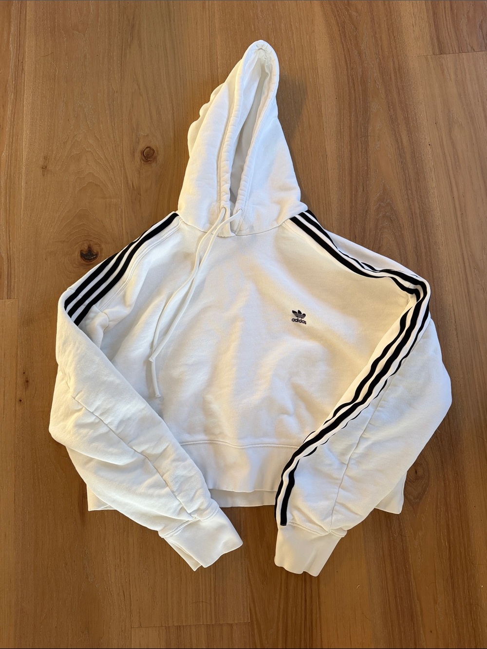 adidas Women’s White Crop Hoodie with Black Three-Stripes size L